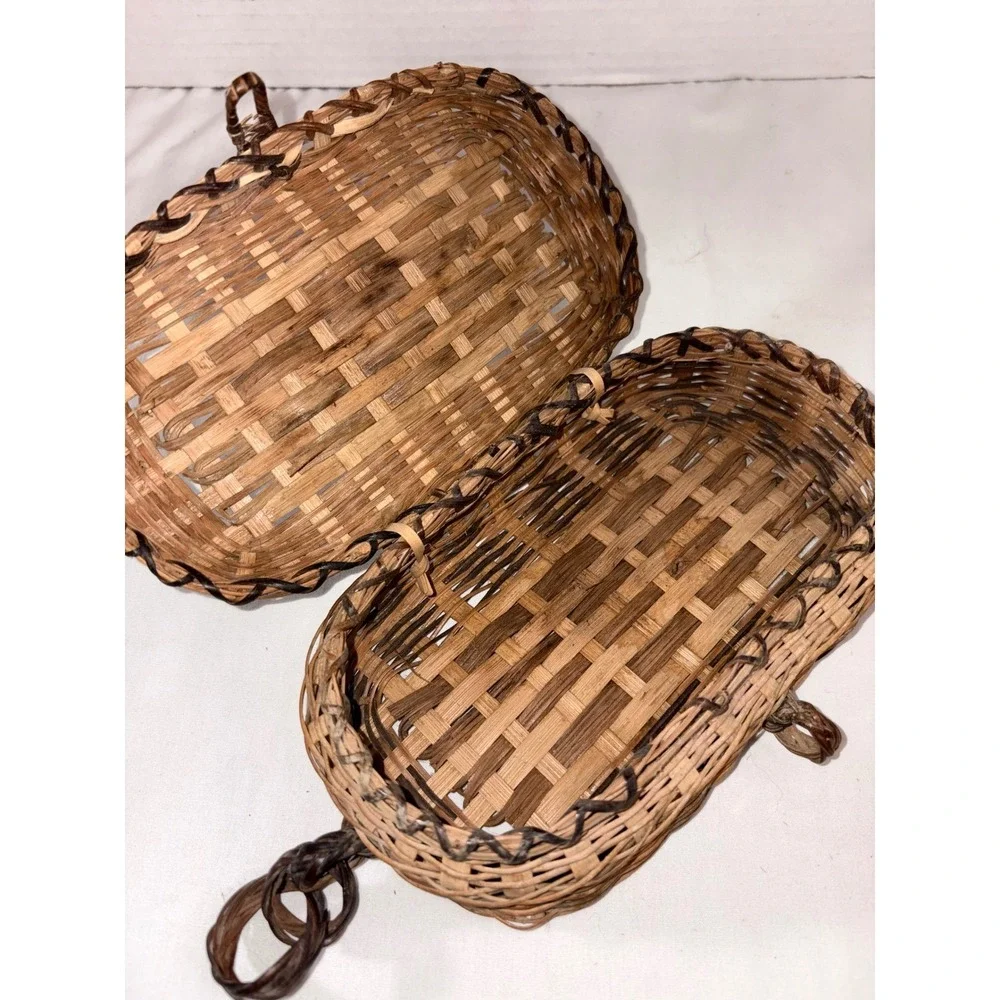 Vintage Woven Wicker Pill Box Small Trinket Basket Oval Brown Boho Keepsake Case